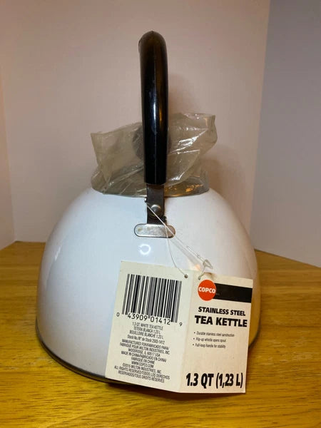Copco White Enamel Stainless Steel Whistling Tea Kettle 1.3 qt NWT