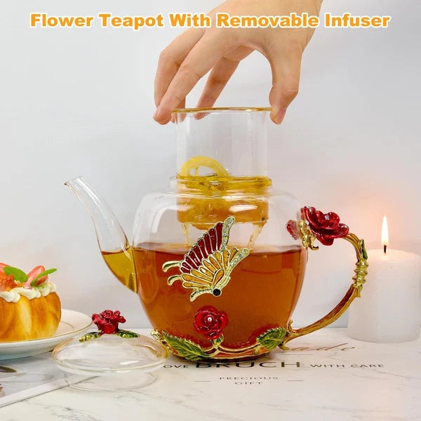 Elegant 46oz Glass Teapot with Butterfly & Flower Design - Removable Infuser