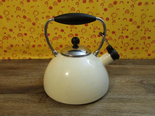 COPCO Whistling Teapot Tea Kettle Cream Enamel Tea Pot 2.5 Qts