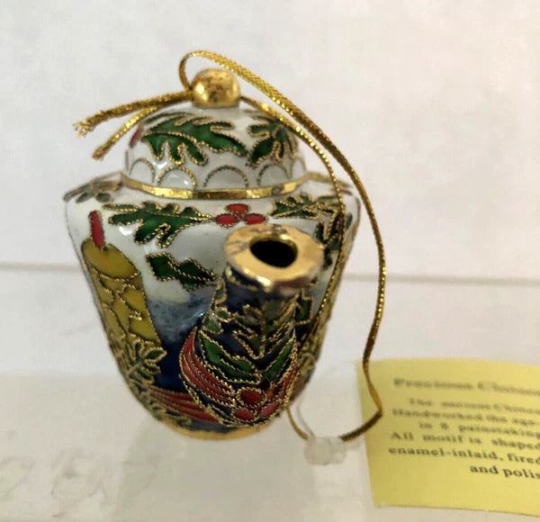 Cloisonné Style Enamel Mini Teapot Ornament White w/ Candles and Holly Leaves