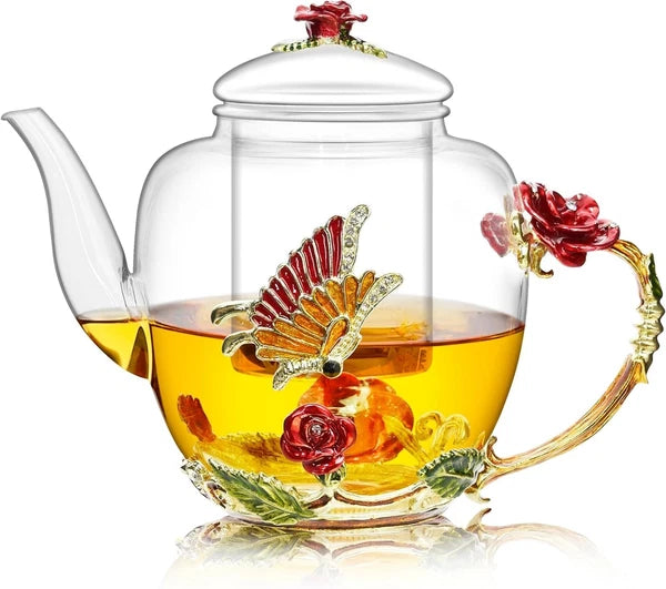 Elegant 46oz Glass Teapot with Butterfly & Flower Design - Removable Infuser