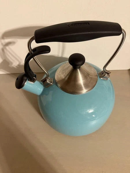 CHANTAL Whistling Tea KETTLE 2 Quart Turquoise Aqua Black On Silver
