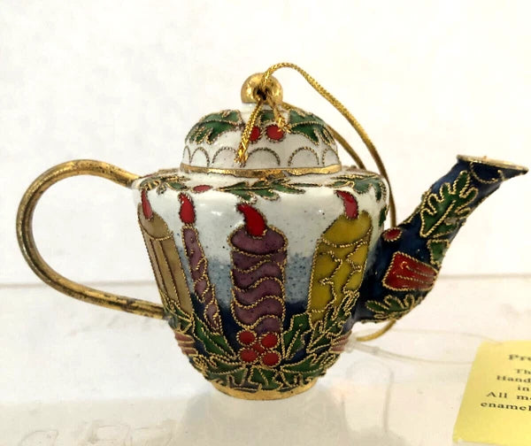 Cloisonné Style Enamel Mini Teapot Ornament White w/ Candles and Holly Leaves