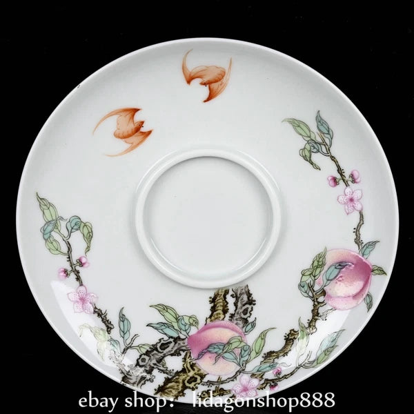 4.4" Yongzheng Marked Enamel Porcelain Peach Pattern Lid Bowl Cup Plate Set