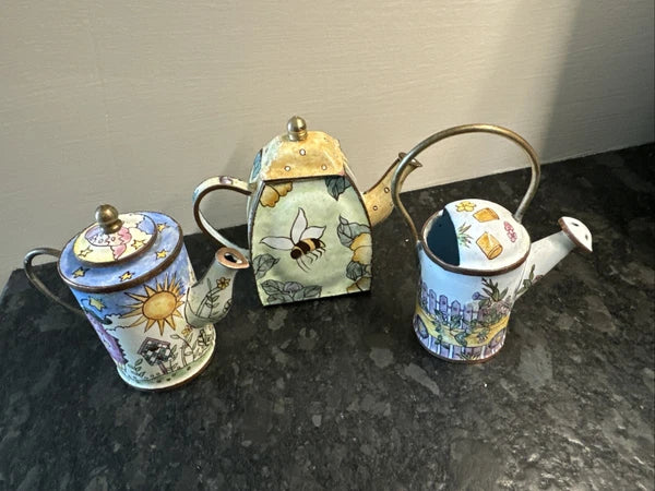 3 Lot Vintage Enameled and Brass Miniature Tea Pots Handmade Empress