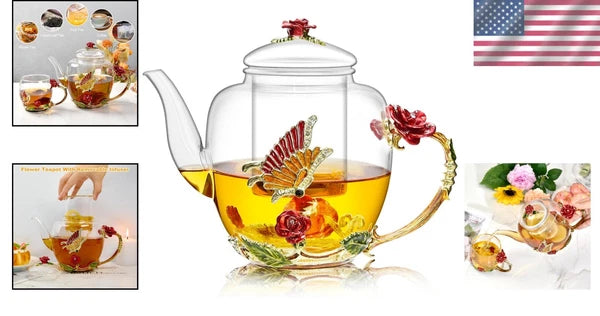 Elegant 46oz Glass Teapot with Butterfly & Flower Design - Removable Infuser