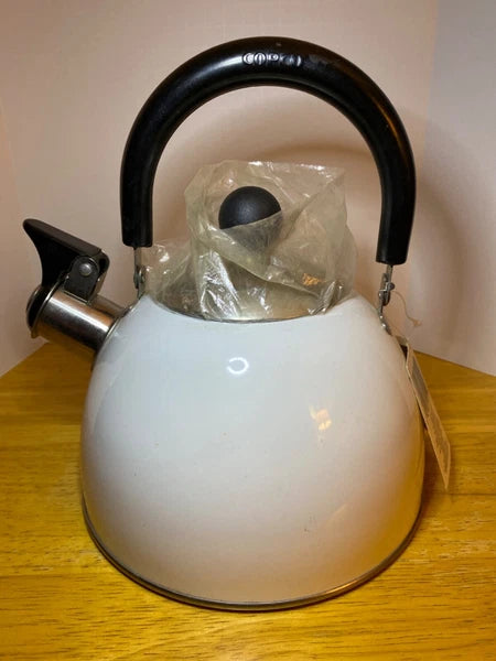 Copco White Enamel Stainless Steel Whistling Tea Kettle 1.3 qt NWT