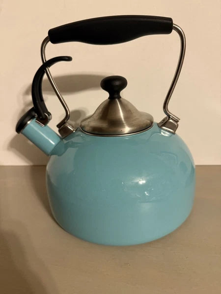 CHANTAL Whistling Tea KETTLE 2 Quart Turquoise Aqua Black On Silver